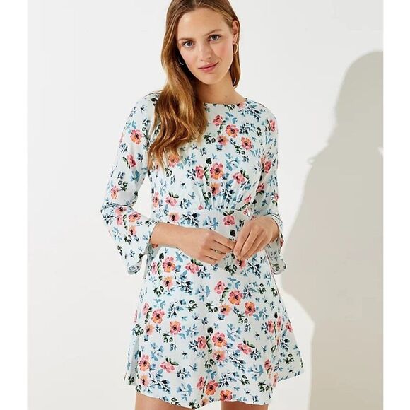 Loft Floral Tie Back Bell Sleeve Dress Size 14 - Picture 1 of 10